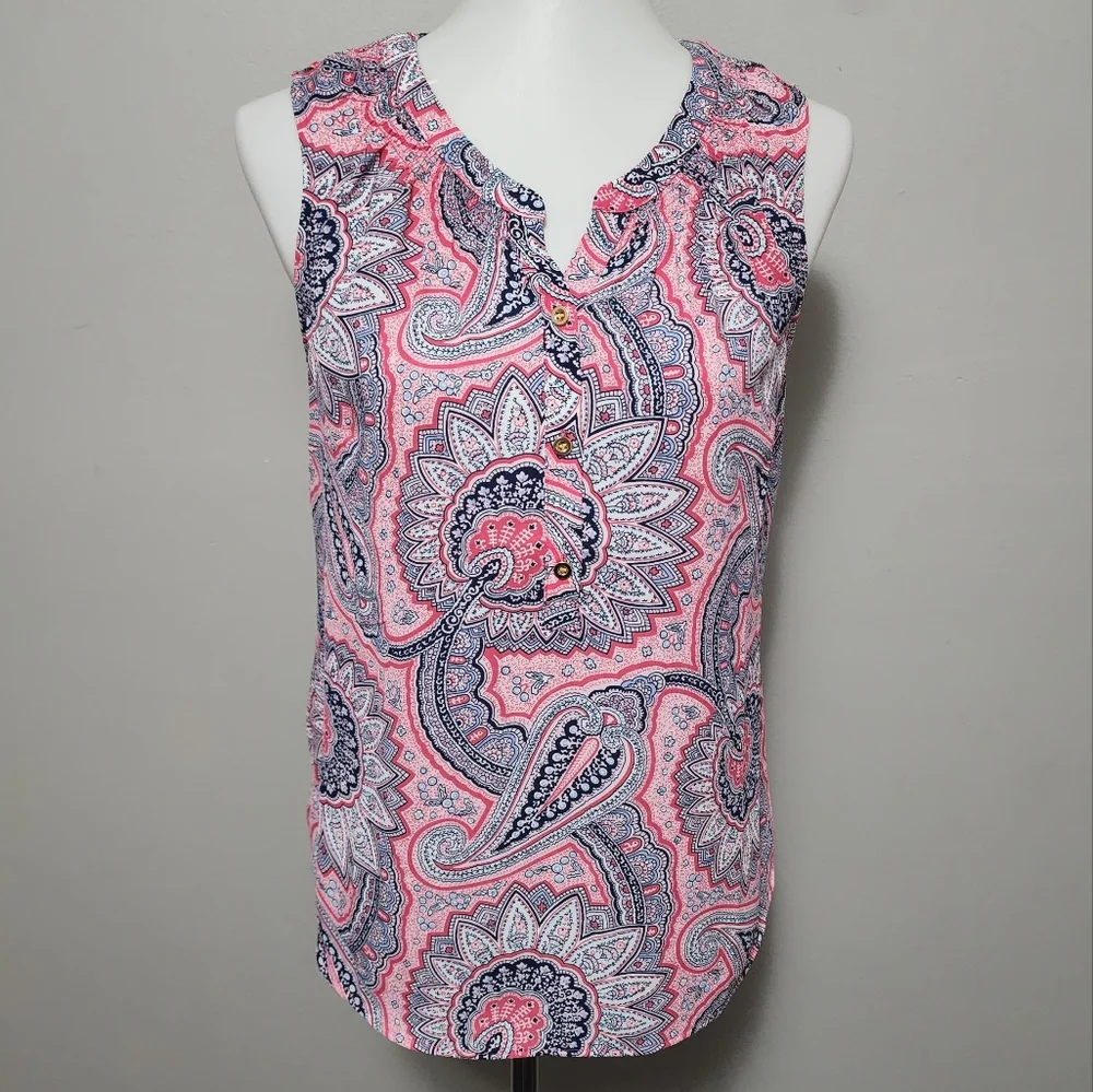 Talbots Pink & Blue Paisley Sleeveless Blouses Size MP - Picture 1 of 7